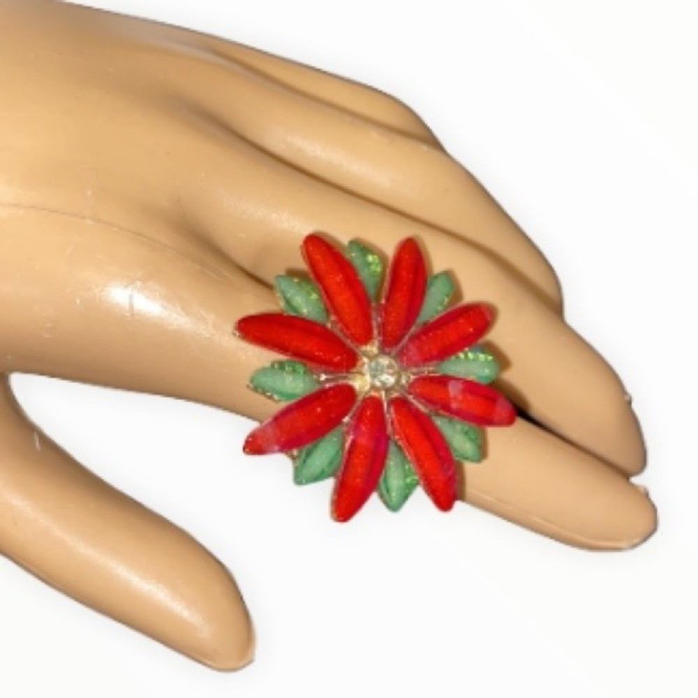 Christmas Ring Poinsettia stretch ring Red and Green